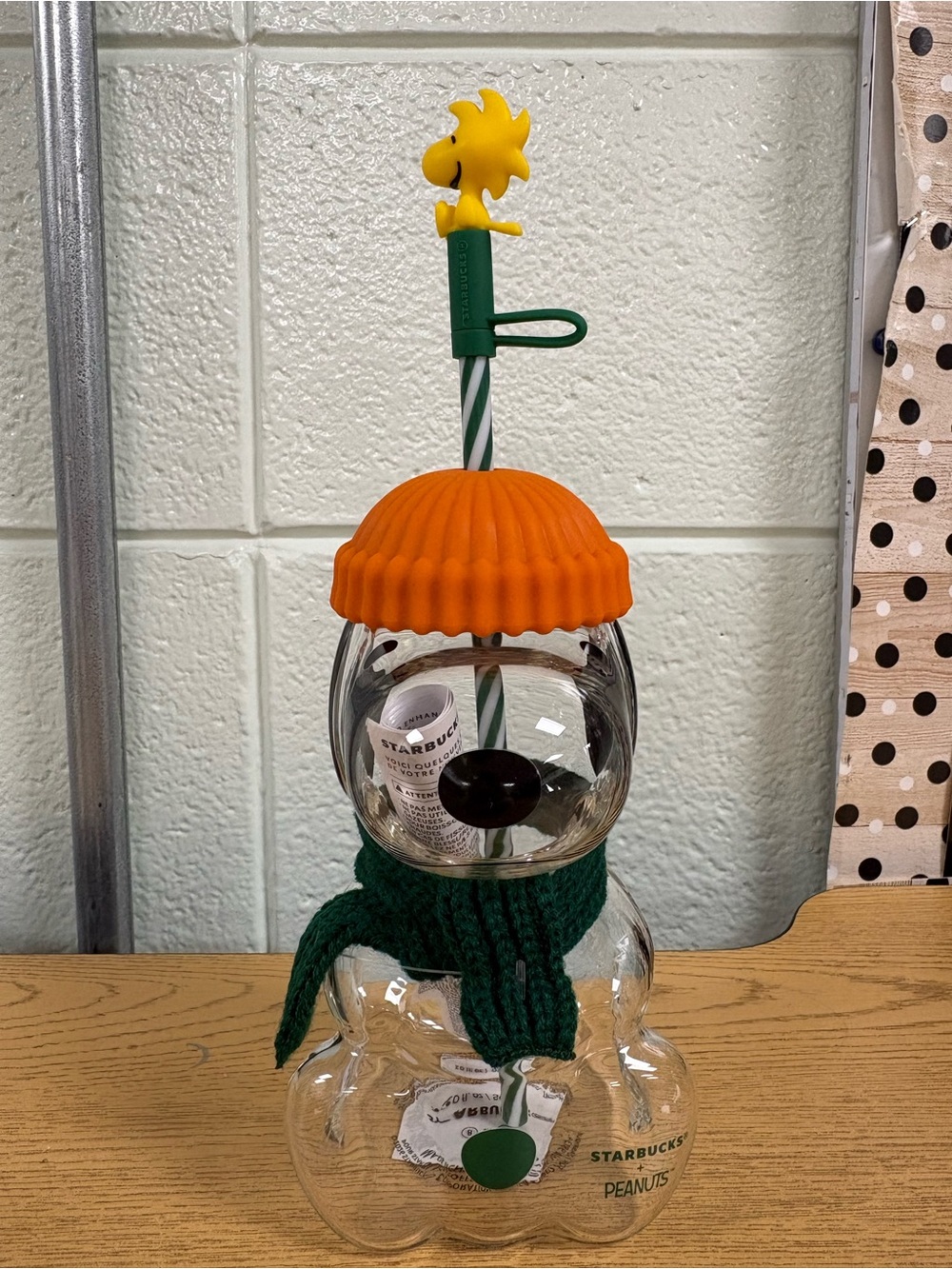 Starbucks Glass Snowman Bottle with Orange Hat and Green Scarf
